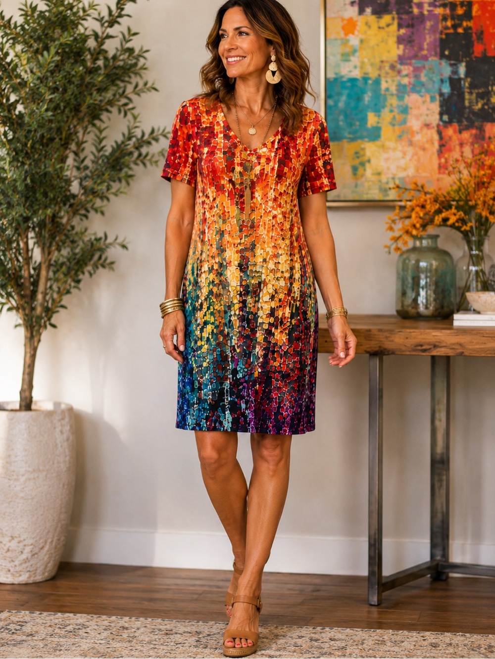 Artsy Mosaic Print Dress Colorful Boho V-Neck Stretch Sz L